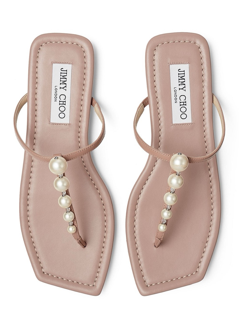 Jimmy Choo Nude Pearl-Embellished Leather Thong Sandals